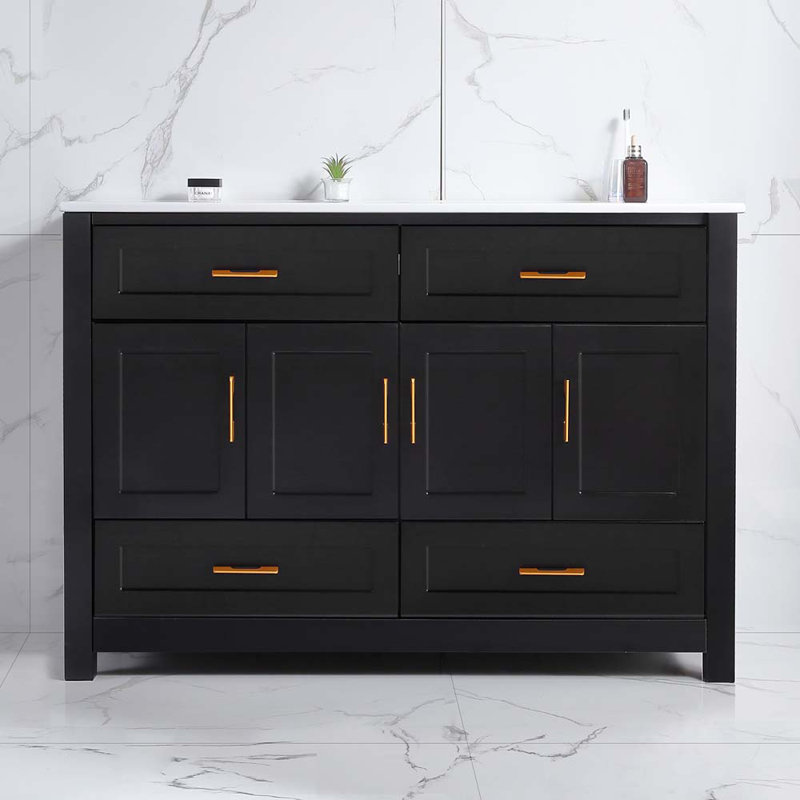 Ensemble de meuble-lavabo noir 48 po avec lavabo en céramique, armoire de rangement abondante - 4 portes à fermeture douce et 4 tiroirs