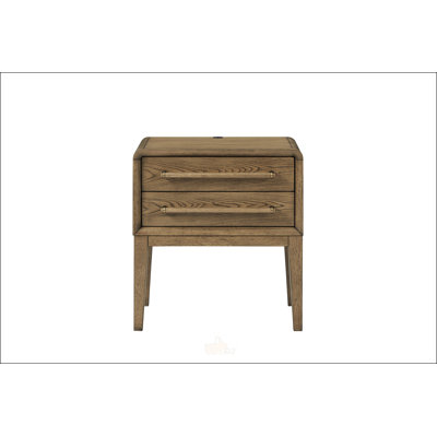 Petite table de chevet avec deux tiroirs coulissants pour un rangement compact et une esthétique chaleureuse.