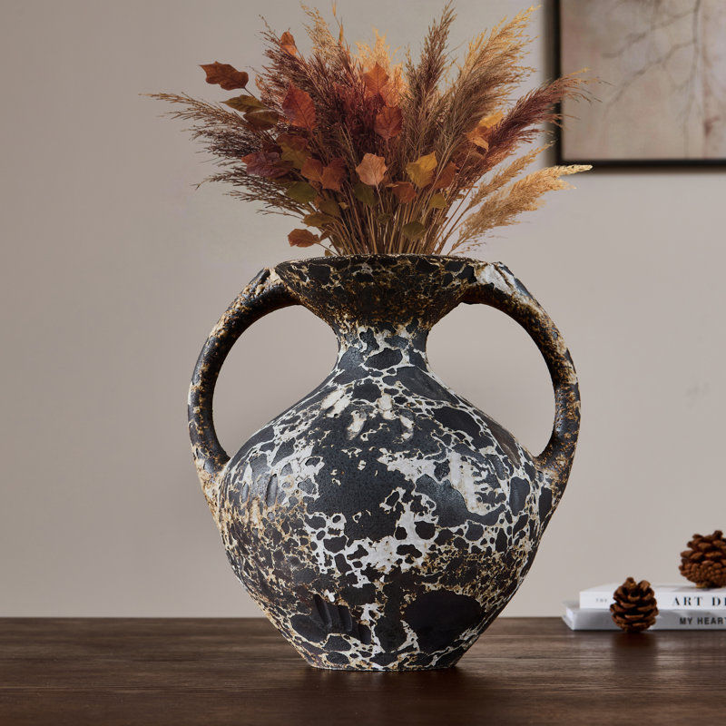 Handmade Ceramic Table Vase, Boho Pottery Terracotta Vase with Sculptural Handles, Decorative Accent Display for Modern Rustic/Farmhouse/Mediterranean Interiors Decor