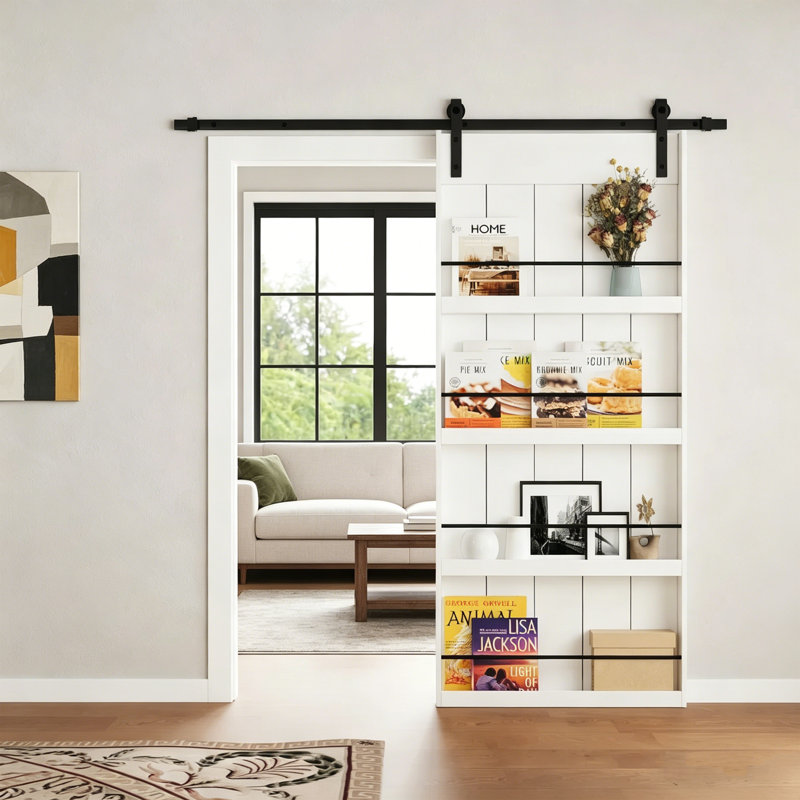 Porte de grange coulissante en panneau de fibres à densité moyenne apprêté de style tablette | Capacité maximale de 3,19 po | Quincaillerie incluse, nécessite un assemblage