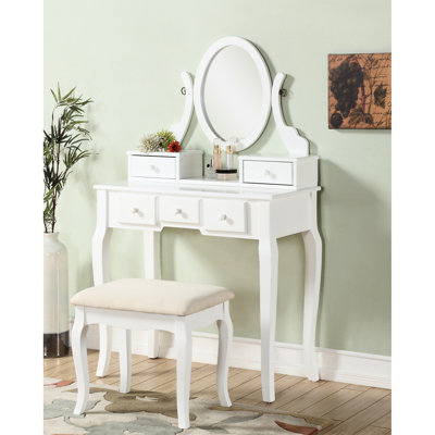 Paire de coiffeuse et miroir en bois blanc avec miroir ajustable et 5 tiroirs pour coiffer la table de maquillage