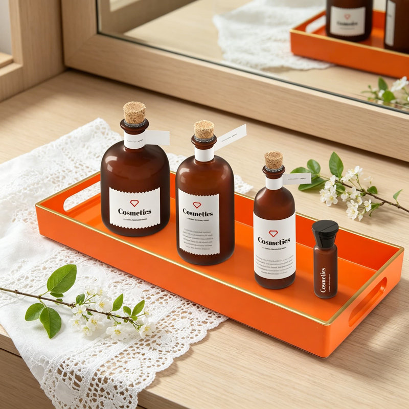 Plateau de meuble-lavabo orange pour comptoir, petit plateau de rangement en plastique pour maquillage, parfum, bureau, cuisine, bougies, 13,7 x 6 x 1,4 pouces