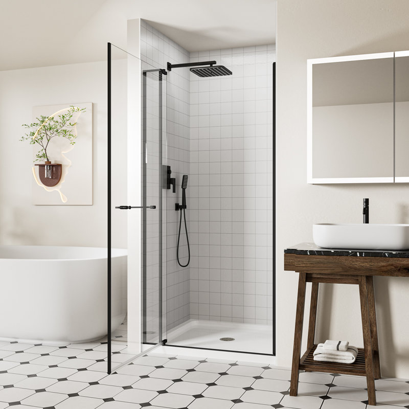 32-36" W x 72" H Frameless Pivot Shower Door with 1/4" (6mm) & 5/16" (8mm) Tempered Glass, Swing Shower Door with Towel Bar & 105° Anti-Collision Stop, Matte Black Finish