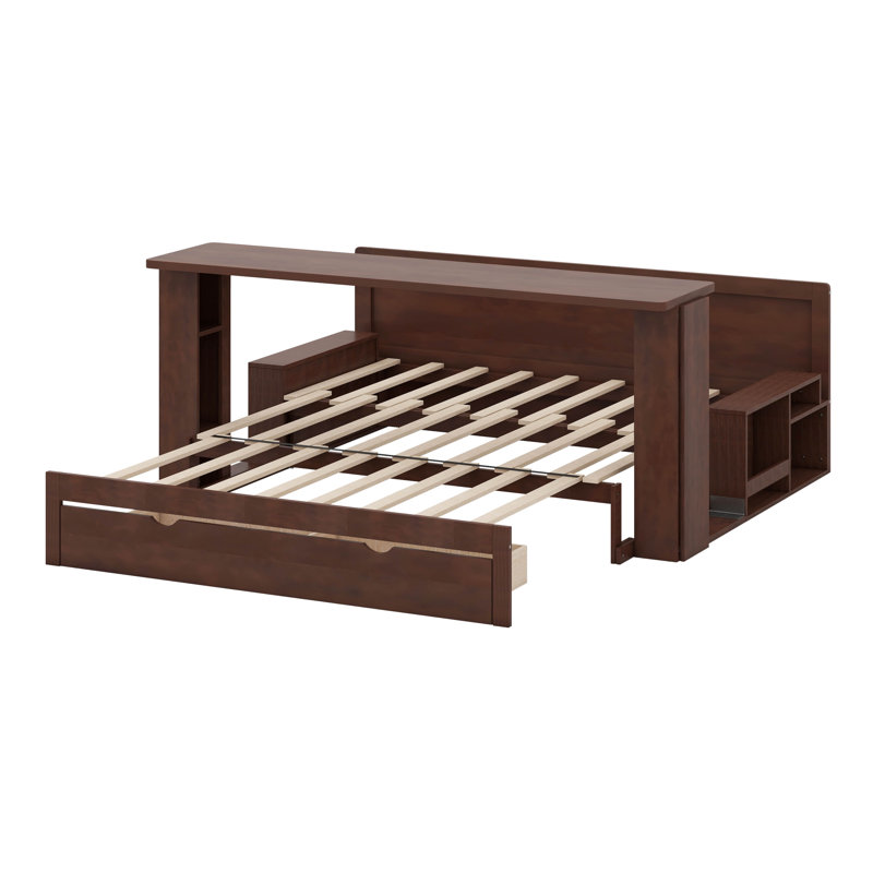 Lit de jour avec tiroirs de rangement, lit de jour en bois avec bureau amovible et table d'appoint hydraulique, Grand