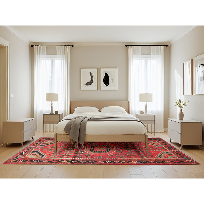 Tapis traditionnel rouge / noir / gris, Rectangle 5 pi x 8 pi