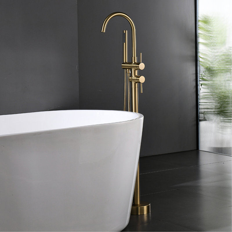 Single Handle Freestanding Tub Filler With Mobile Shower - Brushed Gold, Cartridge Valve, Ceramic Gold Faucet Portable Curved Shape, Filler, Valve