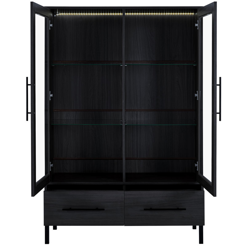 Armoire à DEL avec deux tiroirs, porte en verre trempé de 60 po de hauteur, vitrine moderne noire pour salon, haute