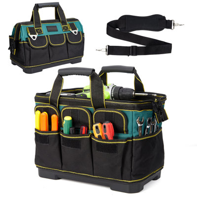 Sac à outils robuste de 15 pouces avec pochettes, sac à outils imperméable à large ouverture avec base moulée et bandoulière réglable, vert