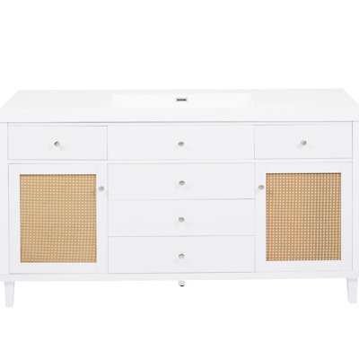 Meuble-lavabo moderne 60 po, lavabo, 5 tiroirs à fermeture douce pour le maquillage, 2 sacs de bain jetables pour armoires, pieds en pin, rangement intelligent blanc, tiroirs, armoires, mécanisme,