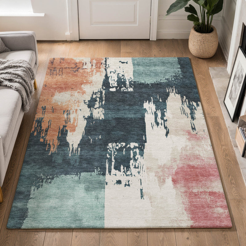 Tapis abstrait lavable à la machine de qualité supérieure Mayfield AMF2347, Bleu sarcelle, 10 pi x 14 pi