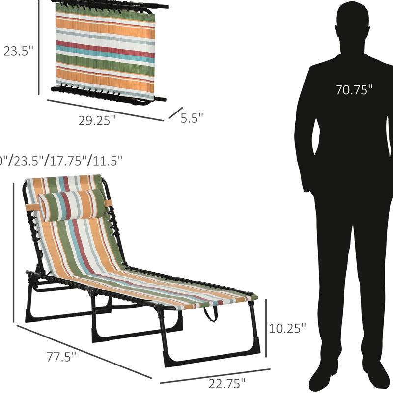 Yellow Folding Beach Chair - Chaise Lounge With 4 , Breathable Mesh & Bungee Seat, Pillow Relax Lounge, Reclining Back, Pillow,