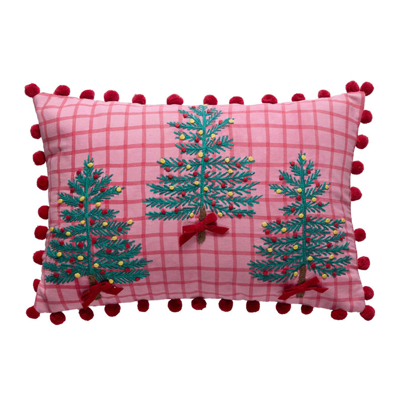 Coussin à carreaux roses et pompons, Trees 14x20"