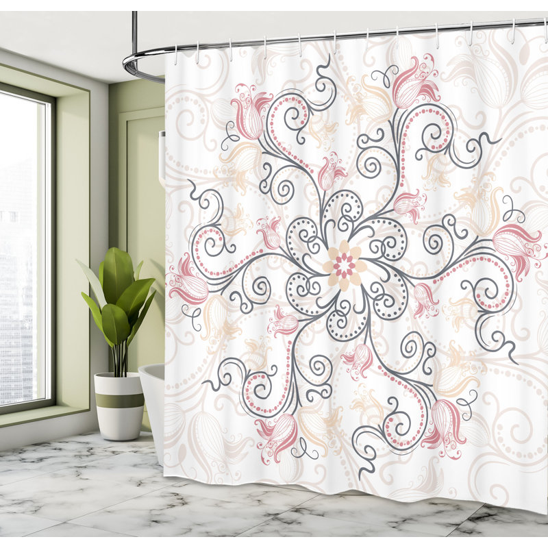 Ensemble de rideau de douche et crochets mandala, H 75 po x l 69 po, Gris champagne