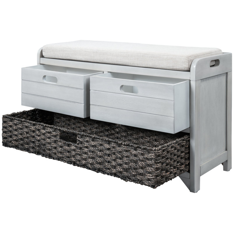 Entryway Bench with Removable Basket and Drawers, Light Gray