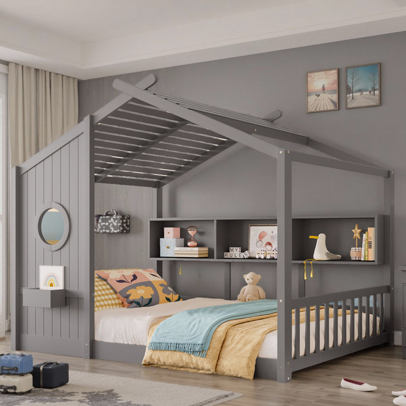 Montessori Safety Design Floor House Bed with Storage Shelf for Toddler, Kids, Gray, Full