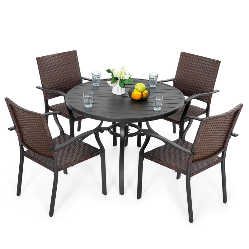5-piece Patio Dining Set With Umbrella Hole, 4 Wicker Chairs