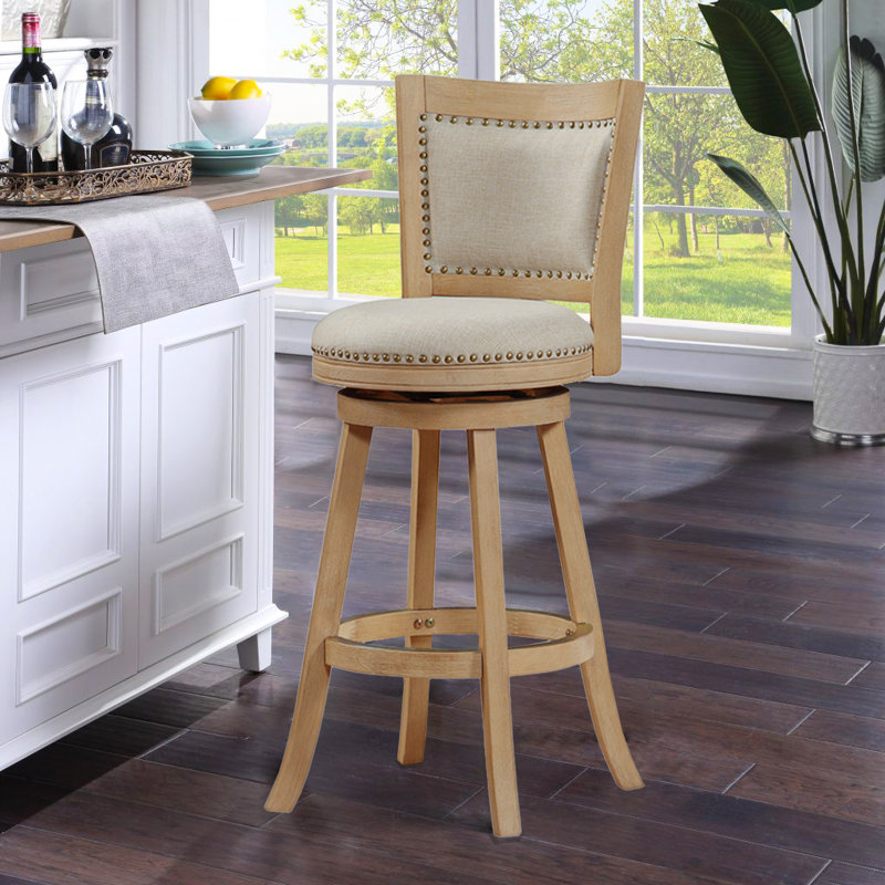 Driftwood Wire-Brush Swivel Barstool with Linen Upholstery and Brass Nailheads