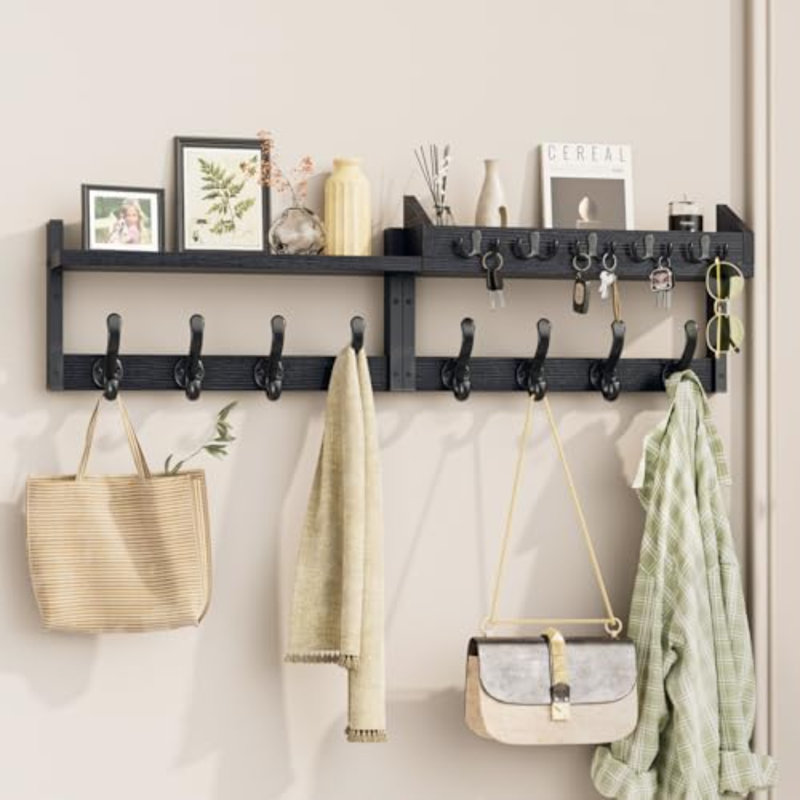 Porte-manteau mural avec tablette pour entrée, noir | Porte-manteau et porte-clés mural avec crochets, porte-clés et organisateur de courrier pour mur, salon, vestibule, chambre