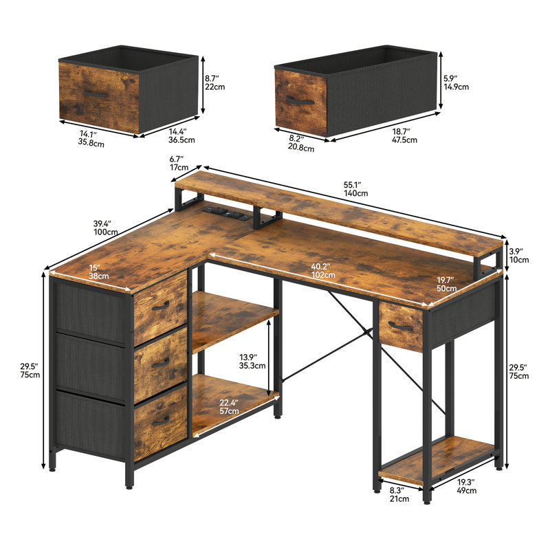 L-Shaped Computer Desk With 4 Drawers, Gaming Desk With Power Outlet And Monitor Stand, Corner Desk, Brown/Black