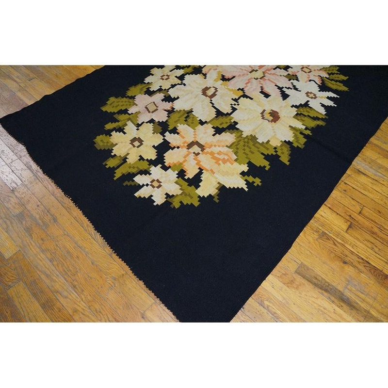 Rugs On Net Black Floral Antique European Besserabian Handwoven Wool Carpet Rug