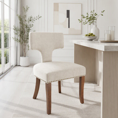 Farmhouse Linen Dining Chairs with Curved Backrest and Copper Nail Trim, Set of 2