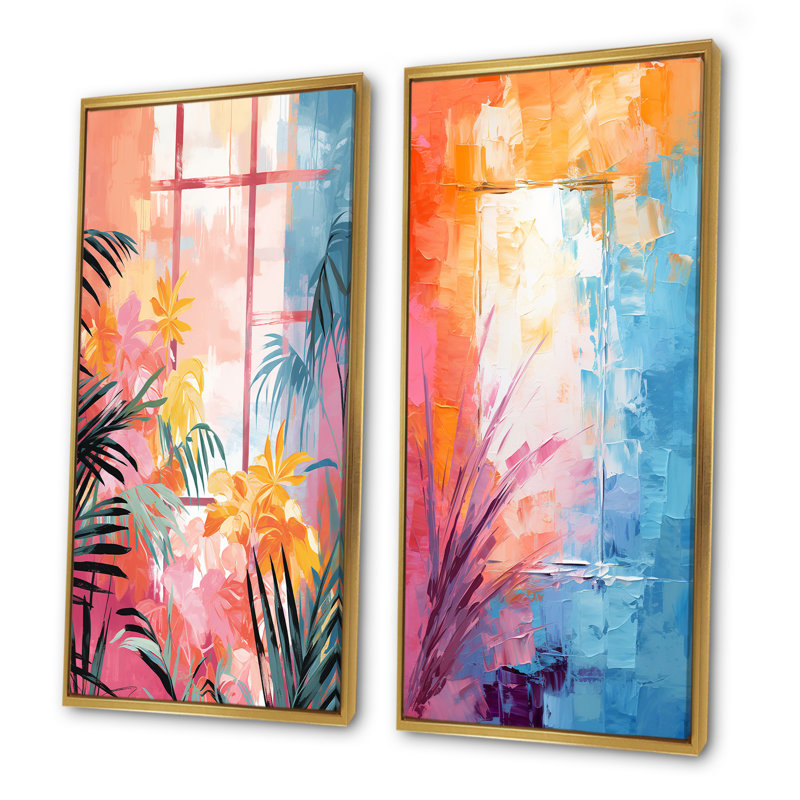 «Pastal Color Tropical Windows View II», ensemble d'art mural sur toile à motif floral abstrait, Cadre flottant doré
