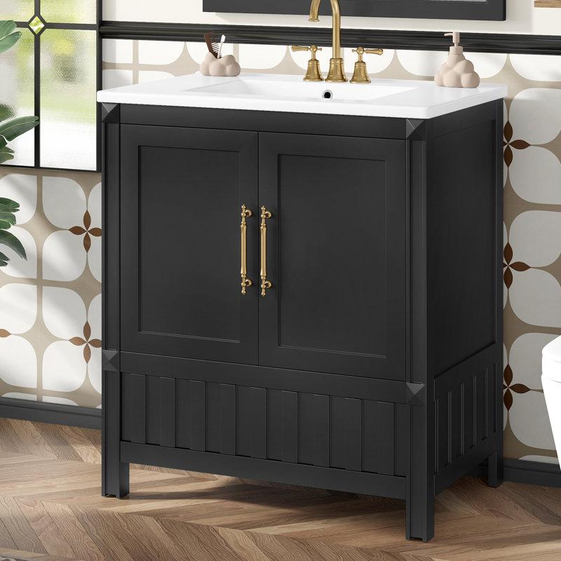 30-Inch Black Bathroom Vanity With Sink, Storage Cabinet, Drawers, And Shelves