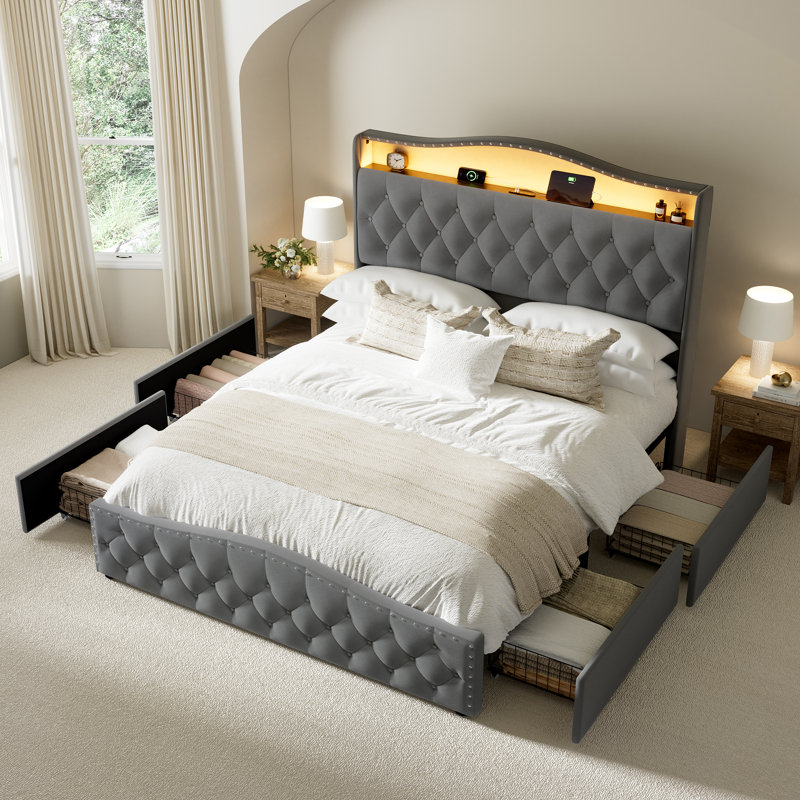 Upholstered Full Bed Frame with 4 Storage Drawers and 52.5" Tall Headboard,  Platform Bed with Charging Station & LED Light, No Spring Box Needed