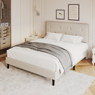 Full Size Linen Bed Frame, Upholstered Platform Bed Frame with Adjustable Headboard, Wooden Slats Support, No Box Spring Needed, Easy Assembly, Beige