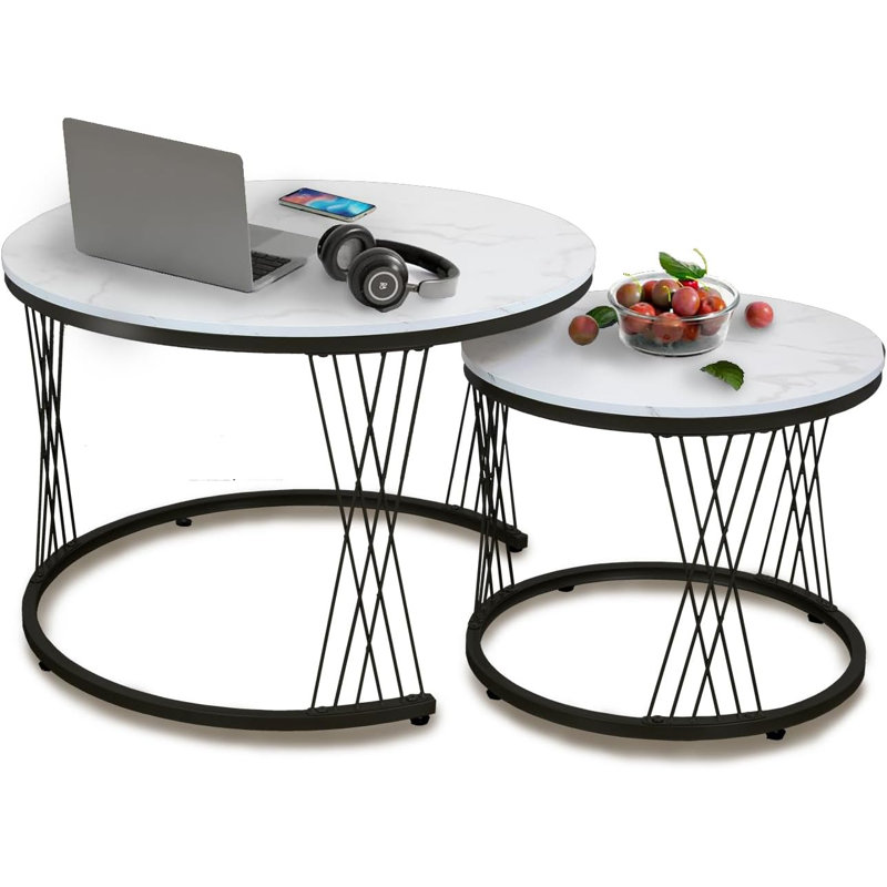Nesting Coffee Table Set Of 2, Round Side Tables For Living Room, Apartment (), Black