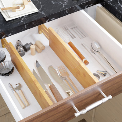 Bamboo Deep Drawer Dividers with Labels, 2 Pack Adjustable Expandable Organizers for Kitchen, Home, Office, Dressers & Bathroom