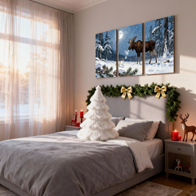Christmas Winter Forest Moose And Rabbit Scene Set of 3 Canvas Wall Art Prints