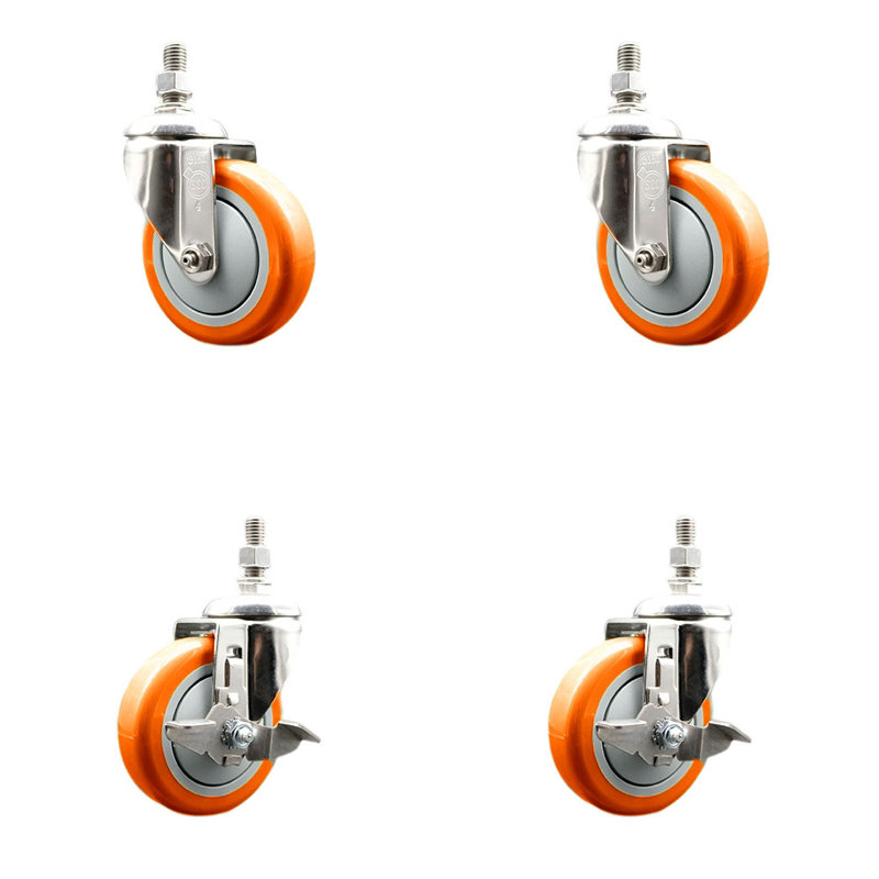Ensemble de 4 roulettes à tige filetée en polyuréthane pivotant 4 pouces de 10 mm et 2 freins