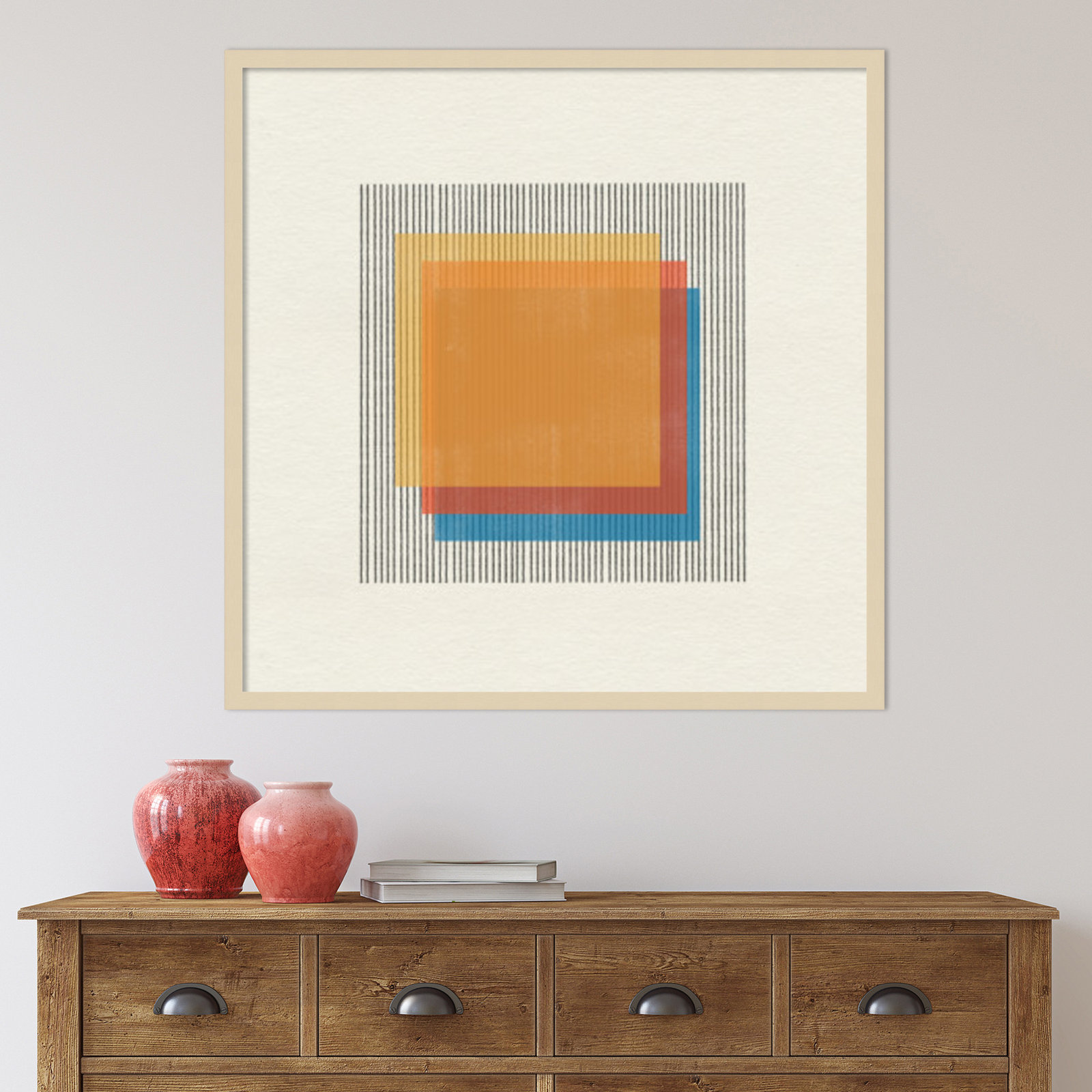 Midcentury Modern Squares No 1 Print, 33" H x 33" W x 1" D, Brown Framed