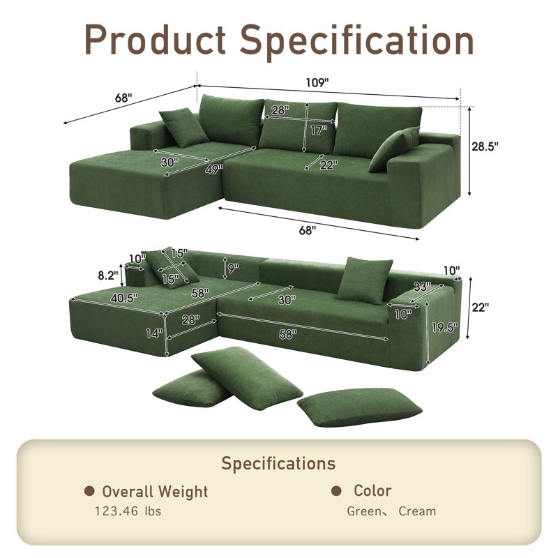 4 - Seater Upholstered Chenille Fabric Sectional, Green Chenille