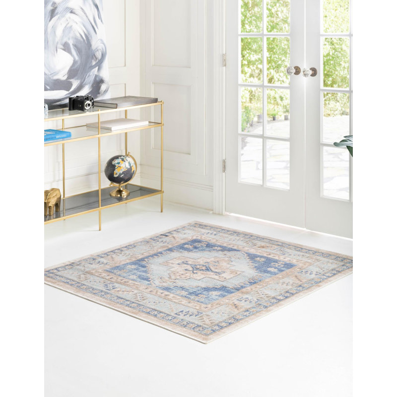 Tapis traditionnel Matthei de couleur bleu marine, Carré 4 pi