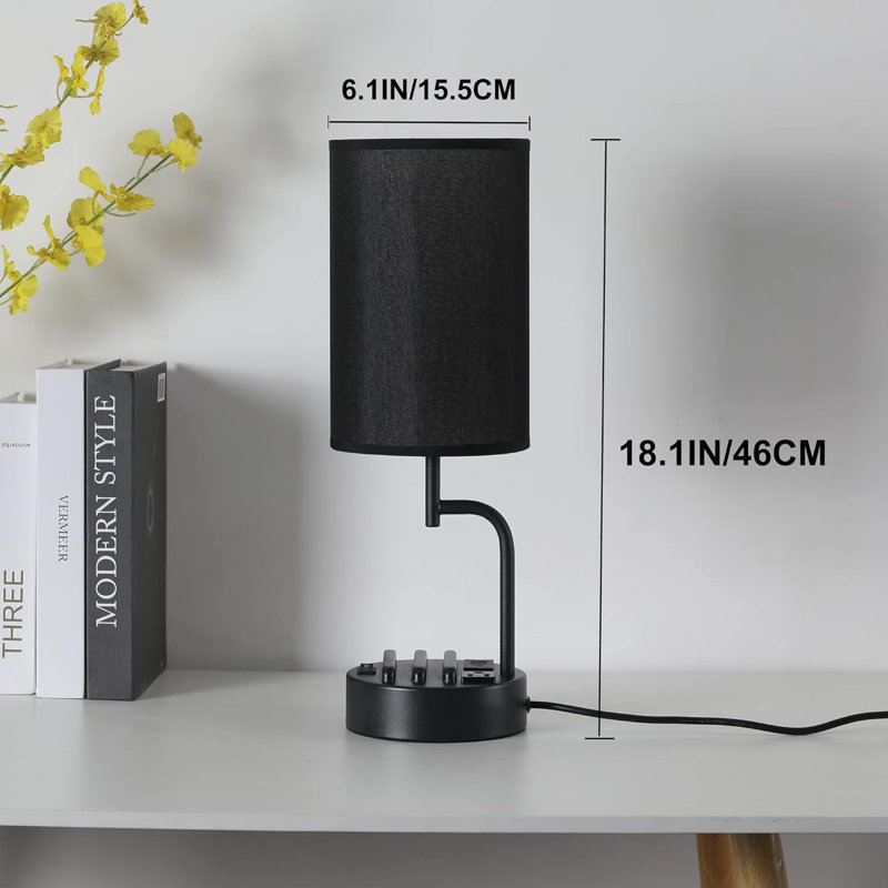 Modern Black Metal Table Lamp with USB Ports and AC Outlet
