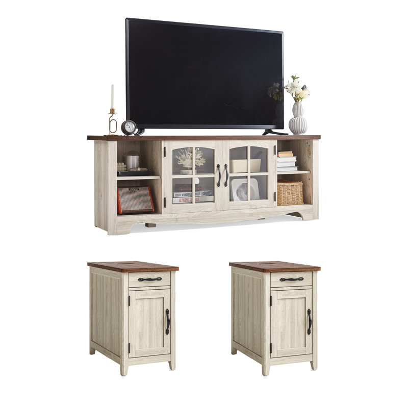 3-Piece Living Room Table Set, 58" TV Stand And 2 End Tables, White