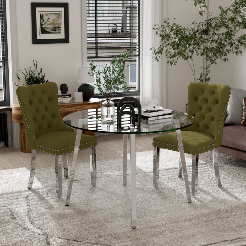 Ensemble de table de salle à manger ronde en verre, 3, Vert olive, Argent argent