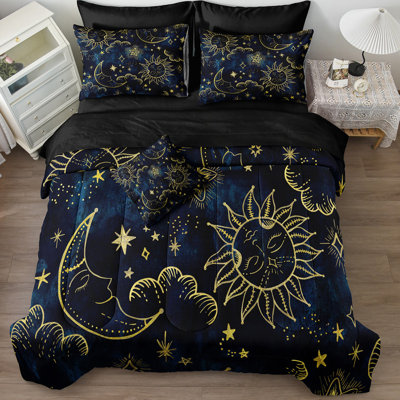 8 Pieces Universe Bed in a Bag Sun and Moon Comforter Set California King Size Galaxy Bedding Blue Gold Moon Star Pattern Bohemian Gothic Comforter Set for Boys Girls Women