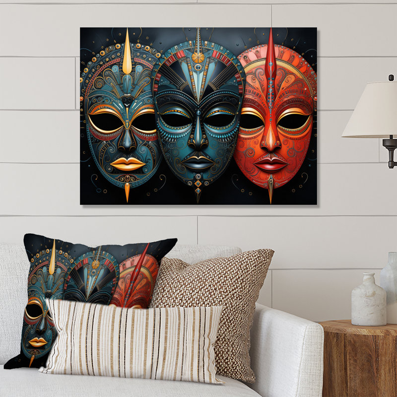 Décoration murale en métal «Red African Masks III» - Tribus d'Afrique, H 12 po x l 20 po