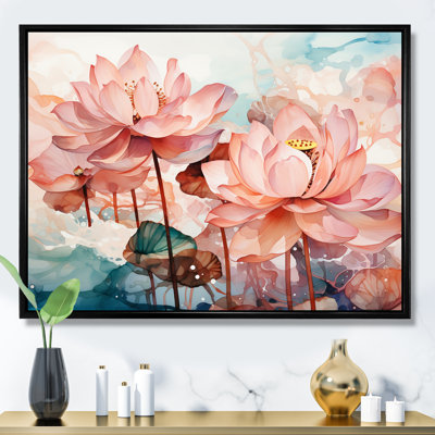 Lotus Pond, encre de Chine rose et verte - Art mural Chine