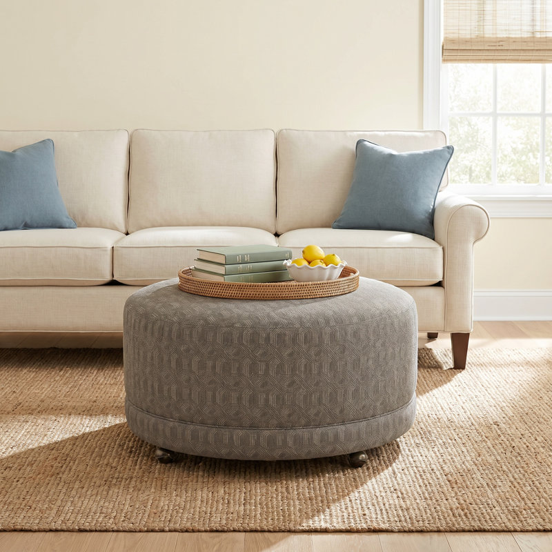 Ellwood 37'' Wide Round Geometric Cocktail Ottoman, Peyton Gray Performance Twill