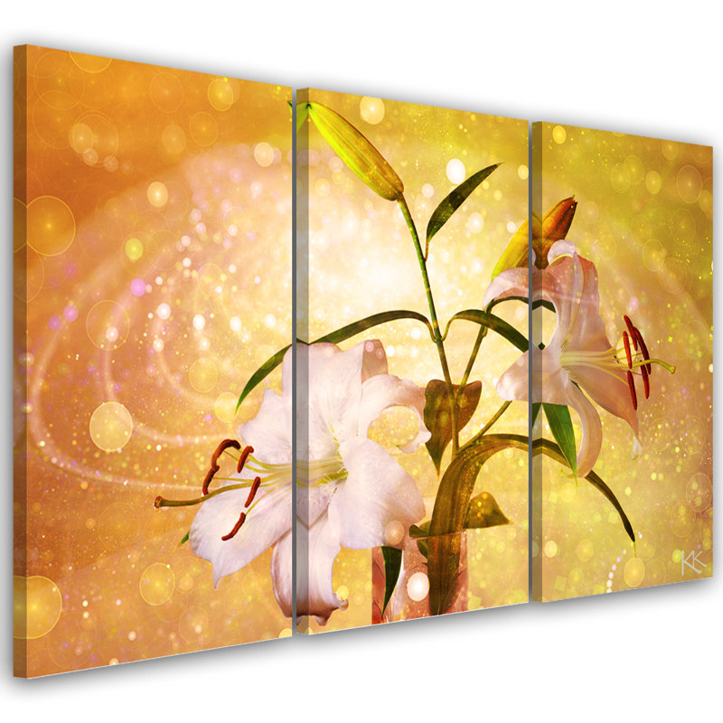 Lily On A Yellow Background - 3 Piece Wrapped Canvas Print Set, 80cm H x 120cm W