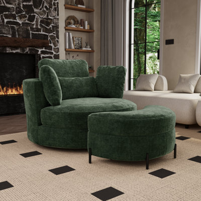 50" W Oversized Upholstered Swivel Barrel Chair With Ottoman