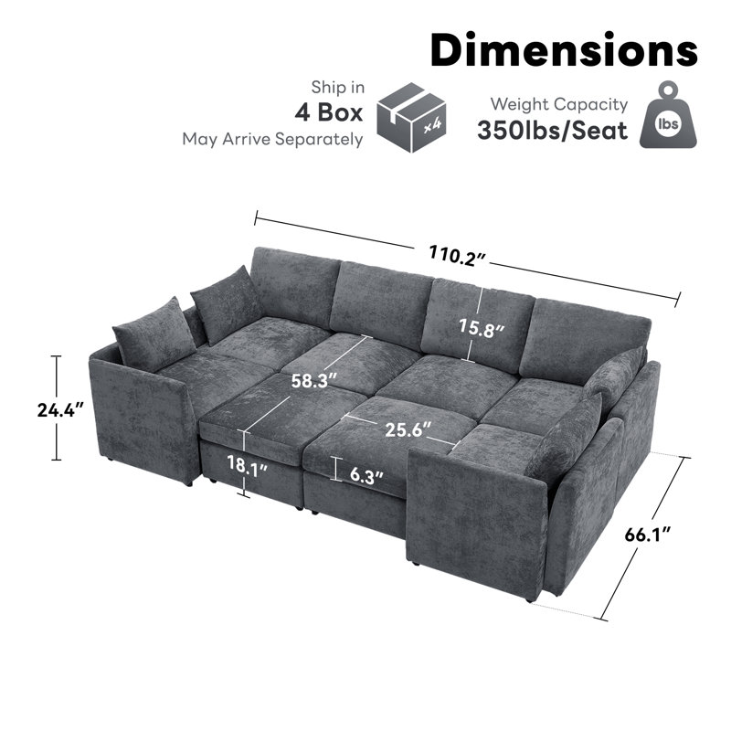 Sarang 110.2" Modern Upholstered Sectional Modular Sofa Bed With Ottomans, Gray Chenille