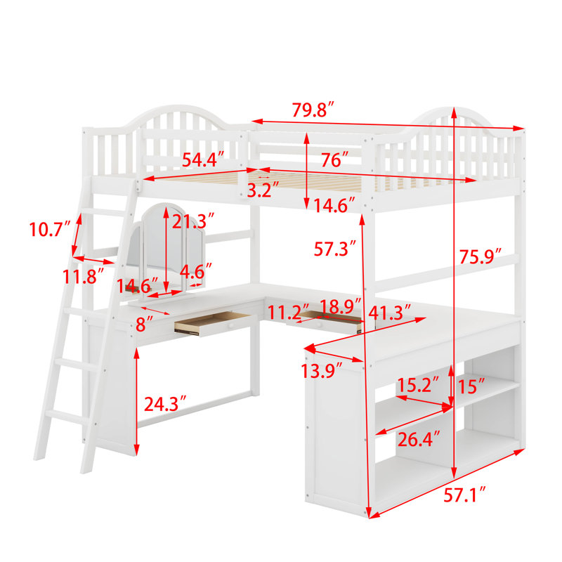 Lit mezzanine double en bois avec bureau