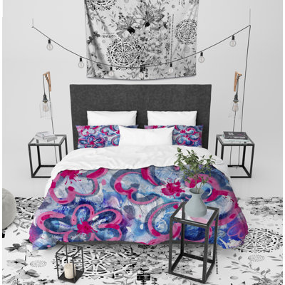 Pink Blue Flowers Polyester Duvet Cover