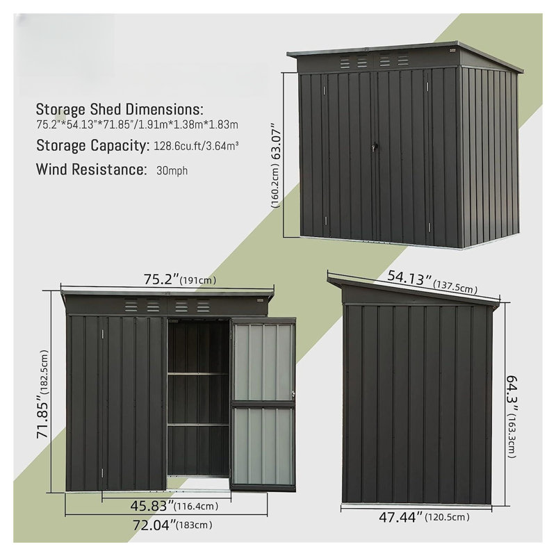 6x4ft Galvanized Steel Outdoor Storage Shed with Sloping Roof, Lockable Double Doors & Ventilation System - Dark Gray Metal Garden Utility Tool House