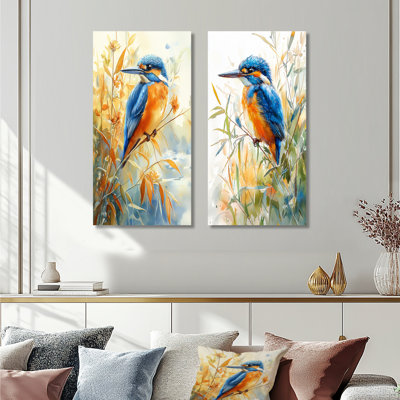 Martin-pêcheur bleu dans les roseaux Bird I - oiseaux, ensemble de 2 décorations murales en métal
